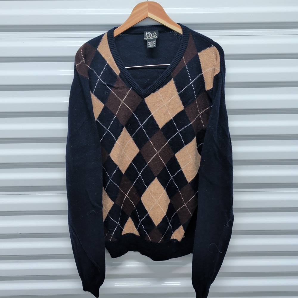 Jos. A. Bank Sweater Size L Mens Navy Blue Argyle Lambswool Blend V-Neck Classic — photo 2